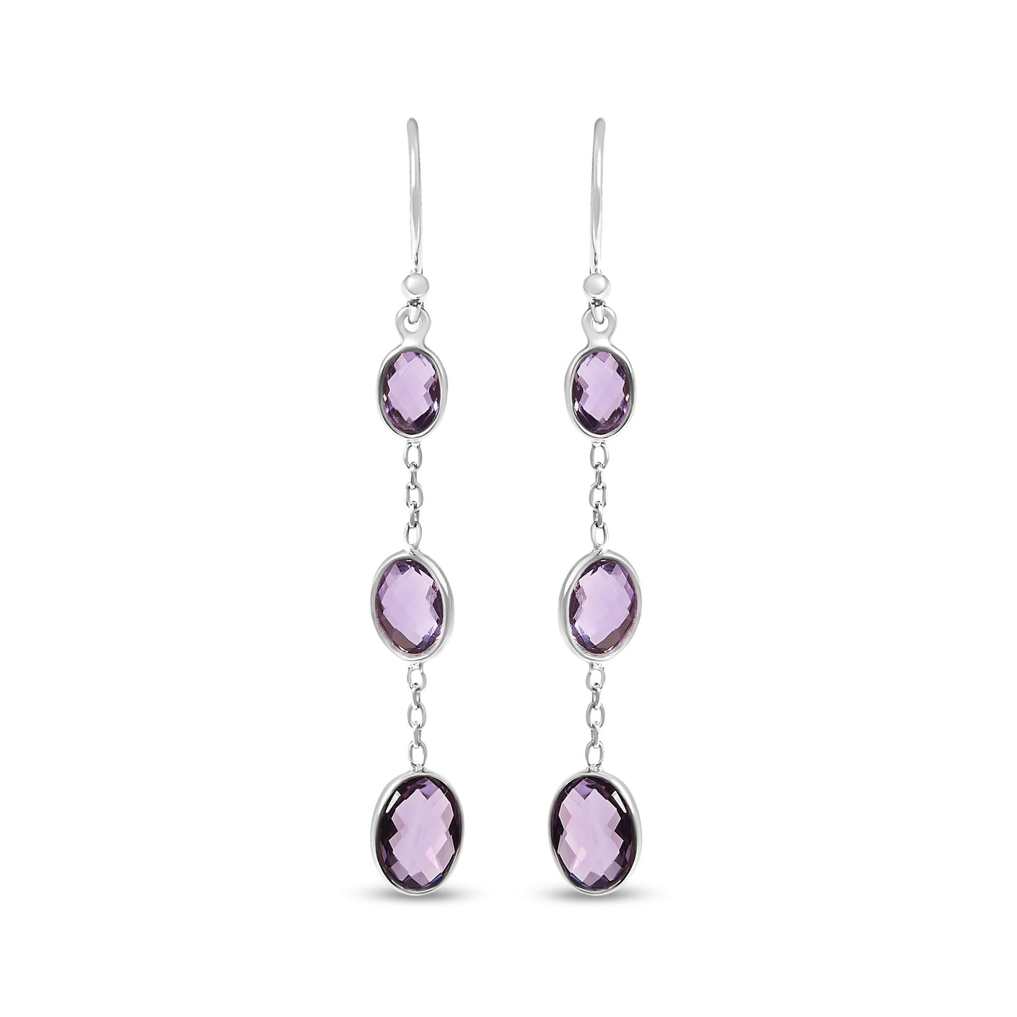 .925 Sterling Silver Checkerboard Cut Oval Purple Amethyst 2" Inch Drop and Dangle Earrings-0