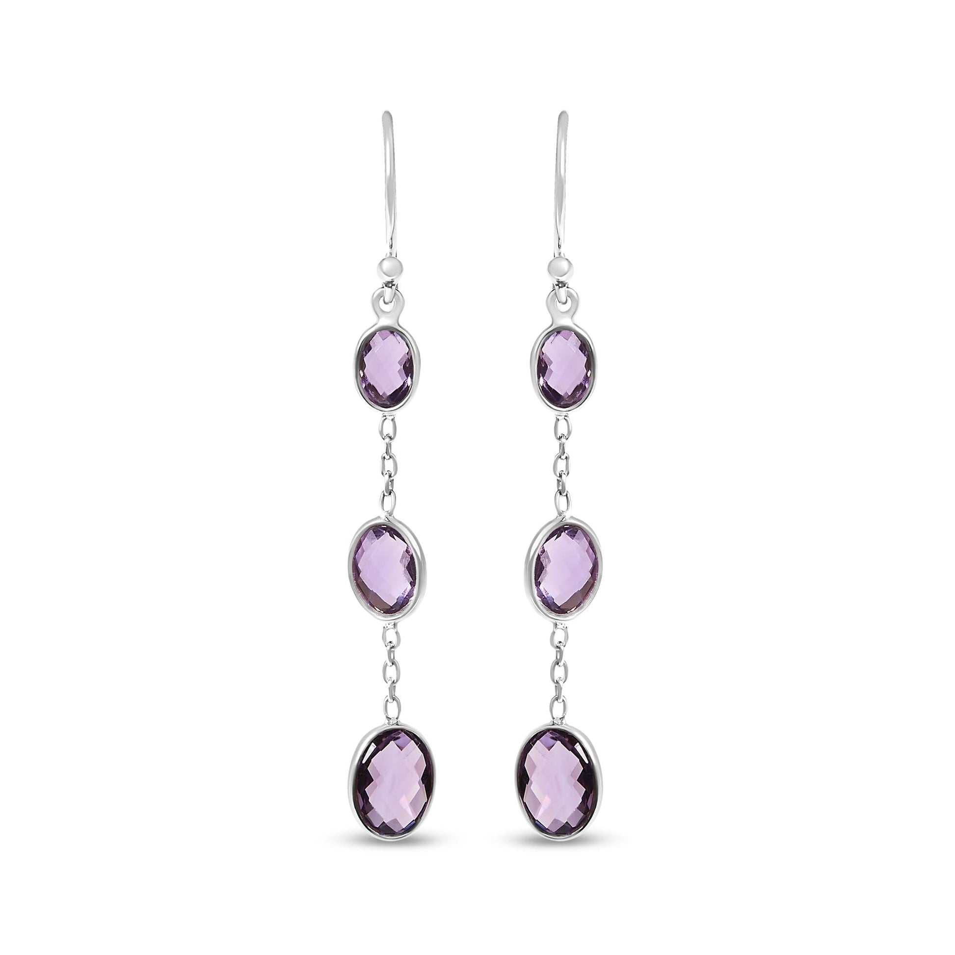 .925 Sterling Silver Checkerboard Cut Oval Purple Amethyst 2" Inch Drop and Dangle Earrings-0