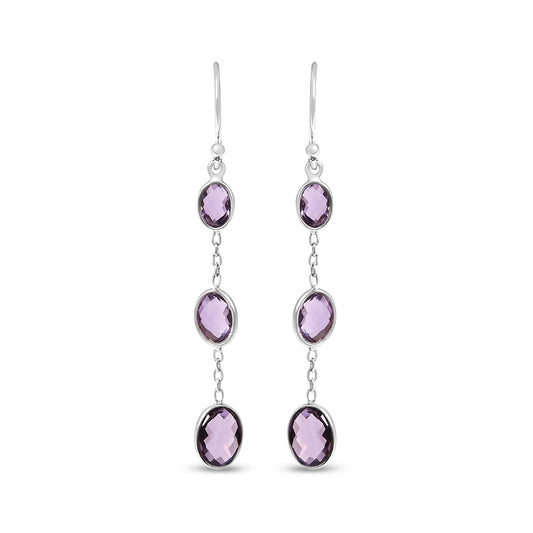 .925 Sterling Silver Checkerboard Cut Oval Purple Amethyst 2" Inch Drop and Dangle Earrings-0