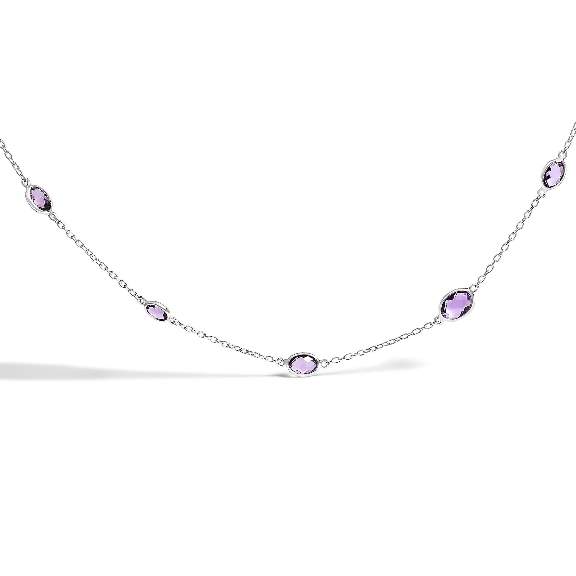 .925 Sterling Silver Checkerboard Cut Purple Amethyst Bezel Station Necklace - 22" Inches-2
