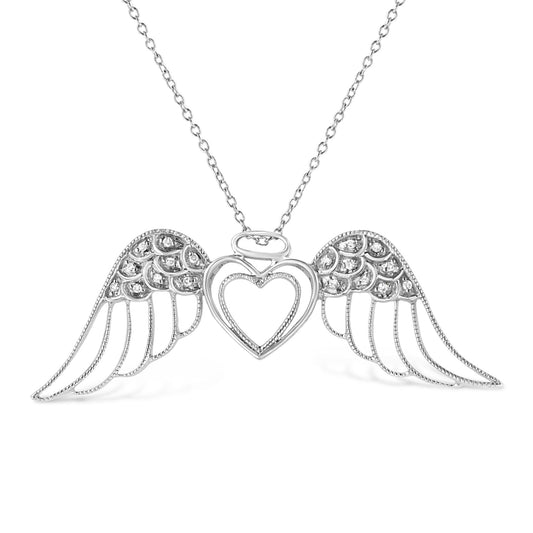 .925 Sterling Silver Pave-Set Diamond Accent Angel Wing 18" Double Heart Pendant Necklace (I-J Color, I1-I2 Clarity)-0