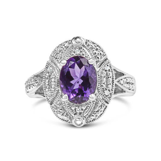  Sterling Silver 9x7mm Oval Purple Amethyst and Round Diamond Accent Fashion Cocktail Ring (I-J Color, I1-I2 Clarity)-0