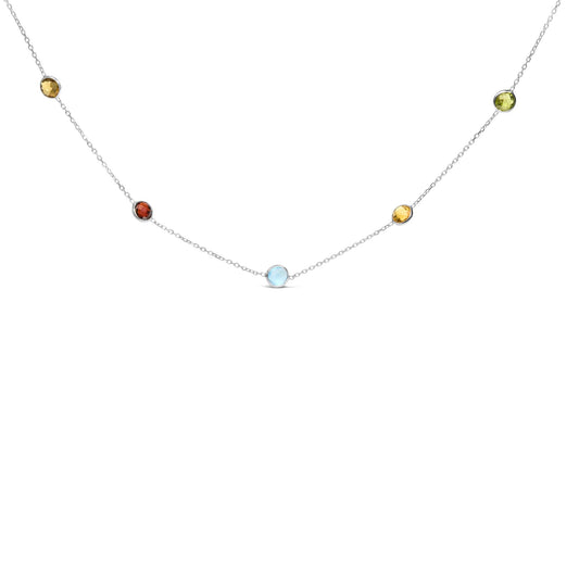 14K White Gold Bezel Set Mixed Gemstone 7 Station Adjustable 18"-24" Necklace-0