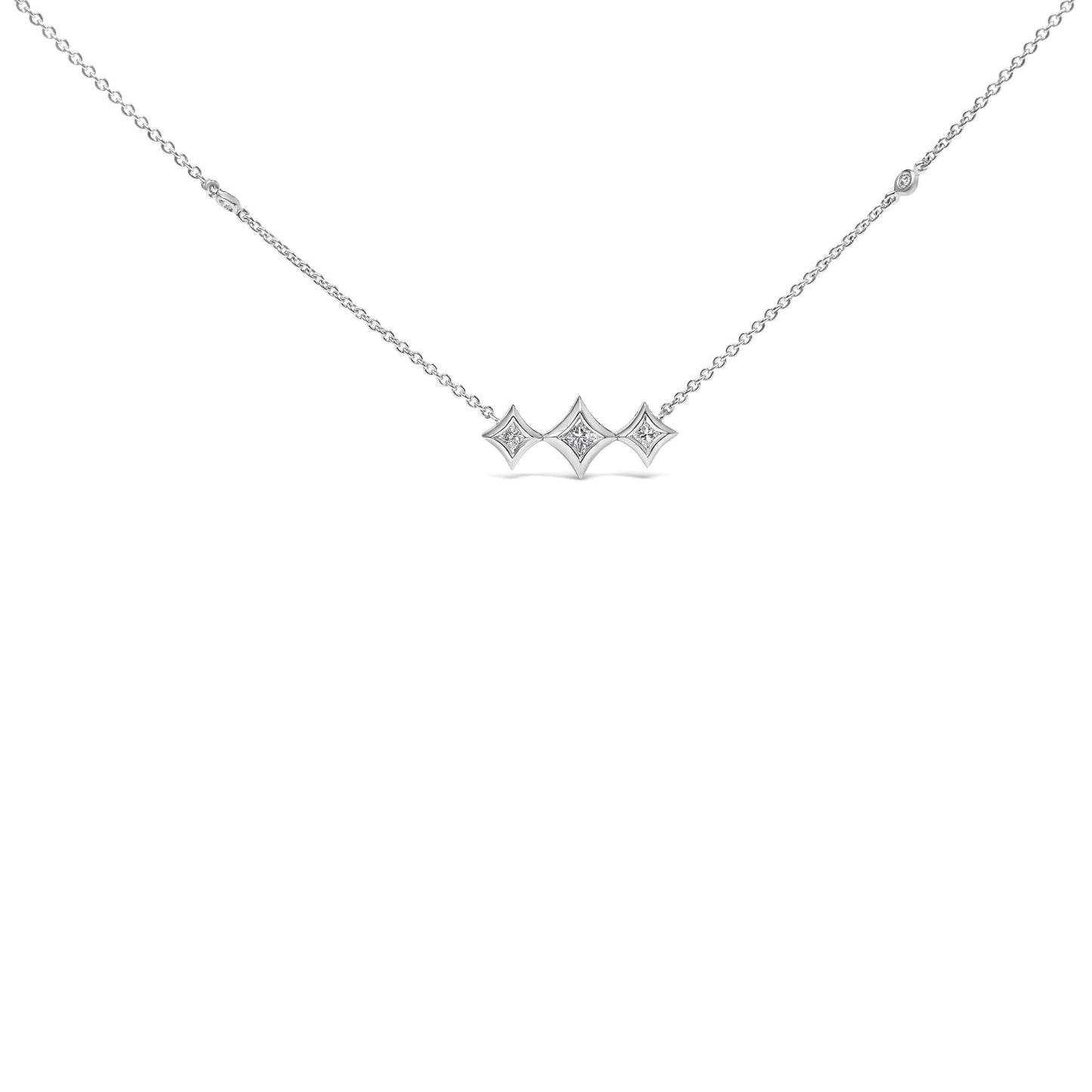 10K White Gold Bezel Set Princess Diamond 3 Stone Kite Shape and Station Necklace (H-I Color, SI2-I1 Clarity) - 18" Inches-0