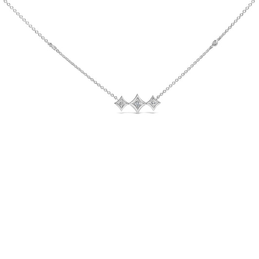 10K White Gold Bezel Set Princess Diamond 3 Stone Kite Shape and Station Necklace (H-I Color, SI2-I1 Clarity) - 18" Inches-0