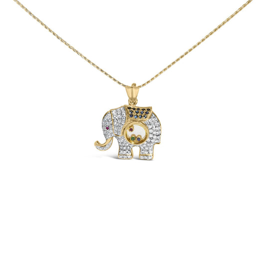 18K Yellow Gold 3/4 Cttw Diamond Elephant Shaker Pendant Necklace with Emerald, Ruby, and Sapphire (G-H Color, VS2-SI1 Clarity)-0