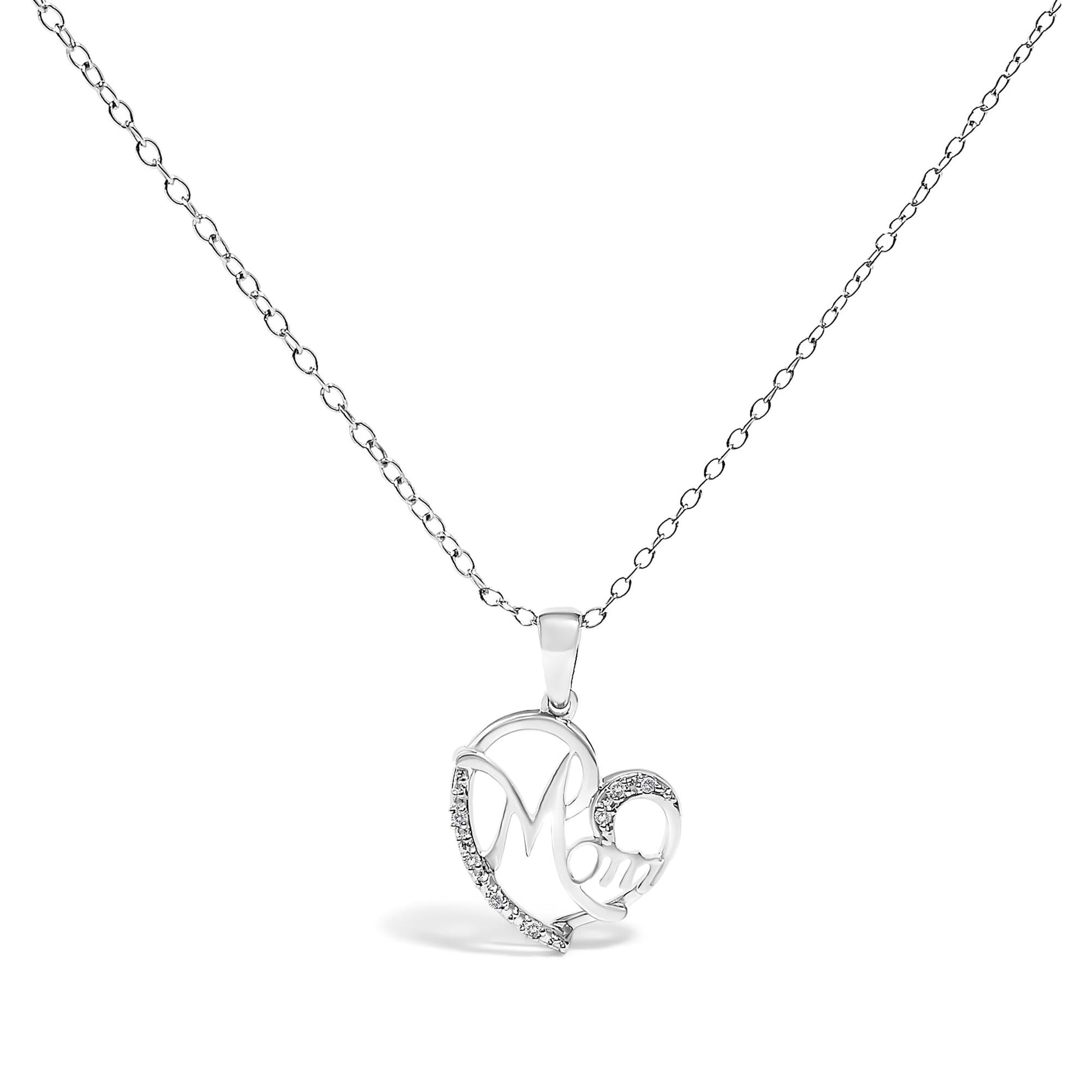 .925 Sterling Silver Cursive Mom Heart Diamond Accent Pendant Necklace (J-K Color, I2-I3 Clarity) - 18" Inches-0