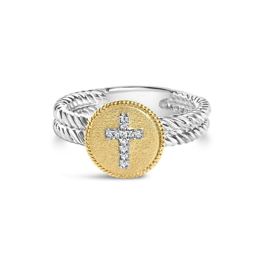 18K Yellow Gold Plated .925 Sterling Silver Diamond Cross Ring with Satin Finish (I-J Color, SI1-SI2 Clarity)-0