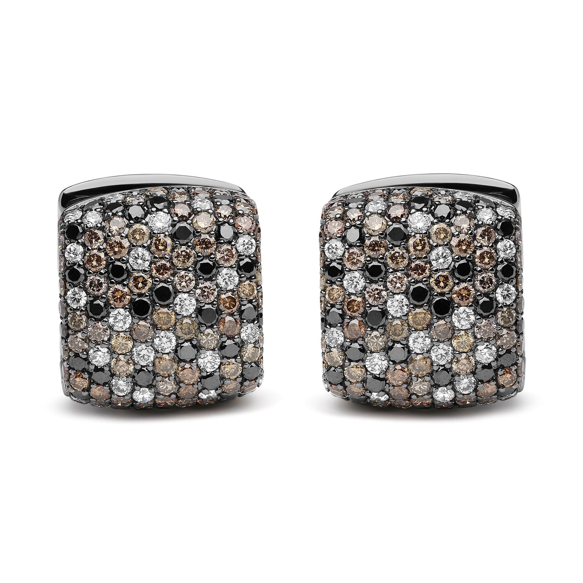 Black Rhodium Plated 18K White Gold 12 5/8 Cttw Multi Color Diamond Square Domed Huggie Hoop Earrings  (Brown, Black, G-H Color, SI1-SI2 Clarity)-0