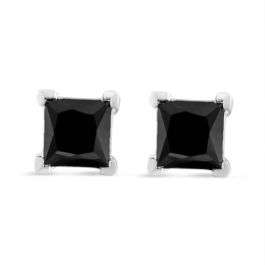 .925 Sterling Silver Princess-Cut Square Black Diamond Classic 4-Prong Stud Earrings with Screw Backs (Fancy Color-Enhanced, I2-I3 Clarity)-0