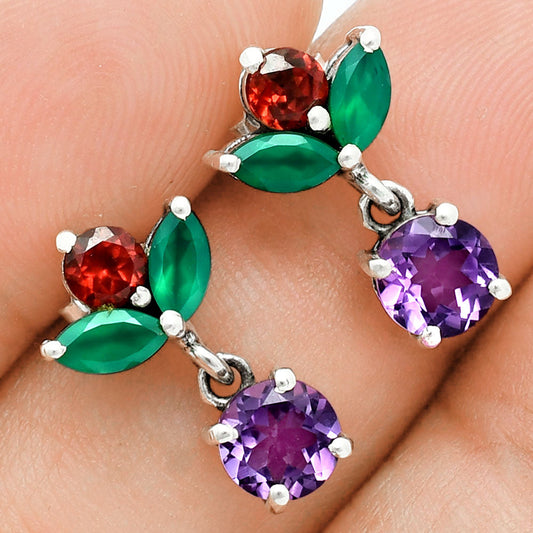 Premium Quality Amethyst, Garnet & Green Onyx Earrings E-1060 11-EE10051-0