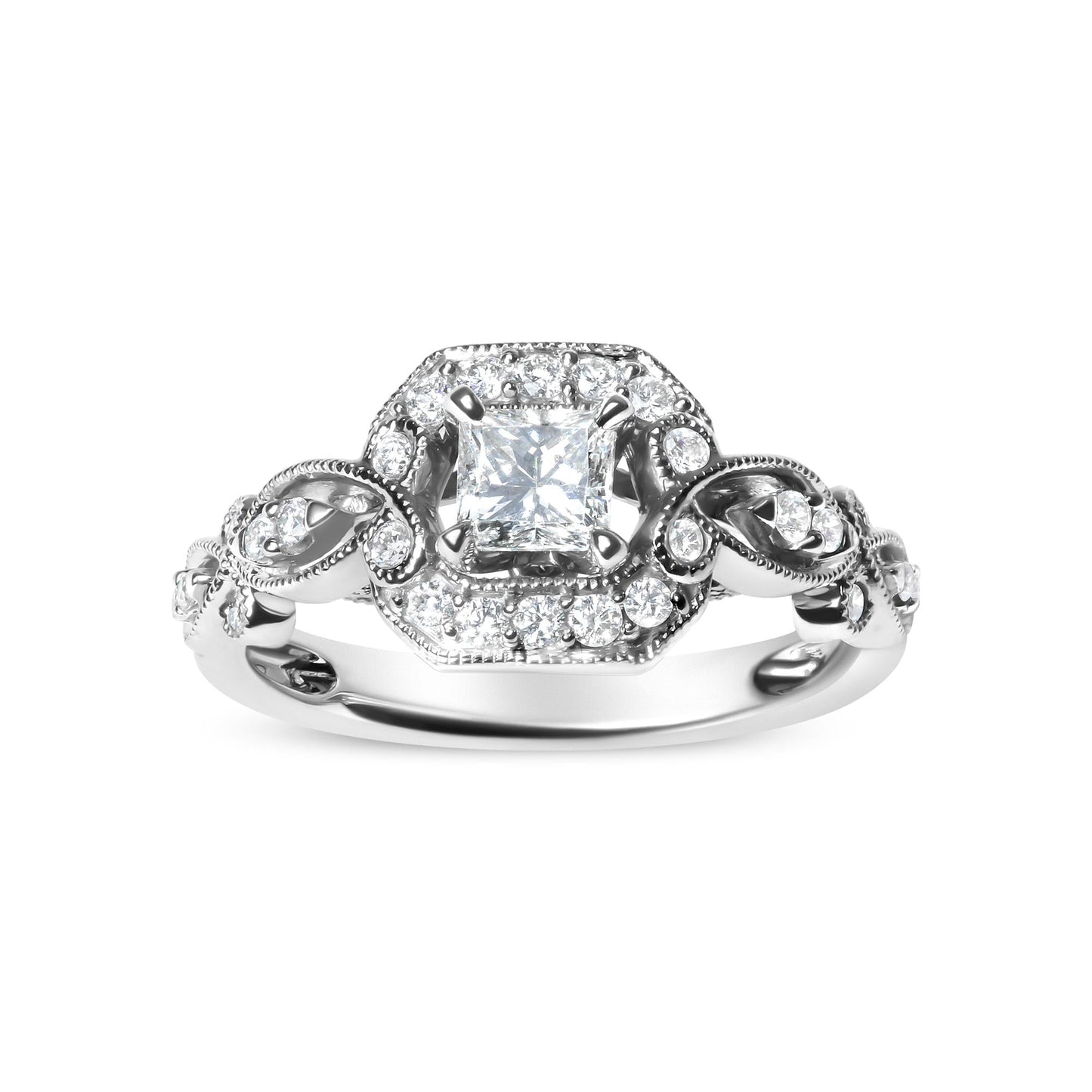 14K White Gold Diamond 3/4 Cttw Diamond Halo Style and Woven Shank Engagement Ring (G-H Color, VS2-SI1 Clarity) - Size 7-1