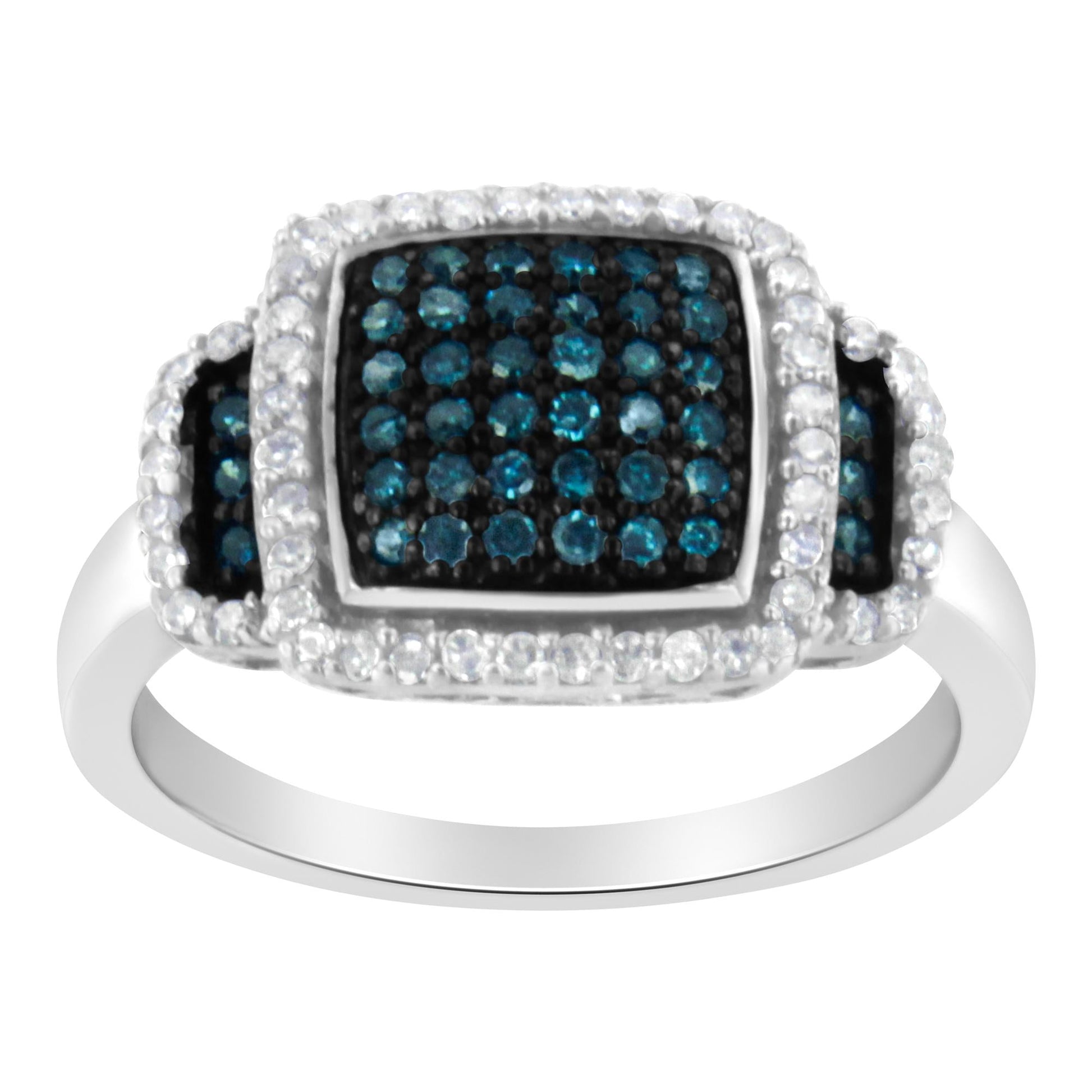 Black Rhodium Plated .925 Sterling Silver 1/2 Cttw White & Blue Diamond Square Halo Cocktail Ring (Fancy Blue & H-I Color, I2-I3 Clarity)-1