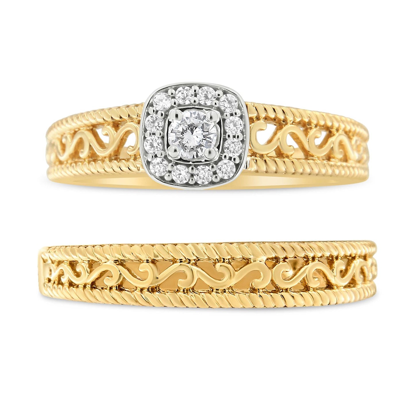 14K Yellow Gold Plated .925 Sterling Silver 1/5 Cttw Diamond Halo and Milgrain Finish Engagement Ring Bridal Set (I-J Color I3 Clarity)-1