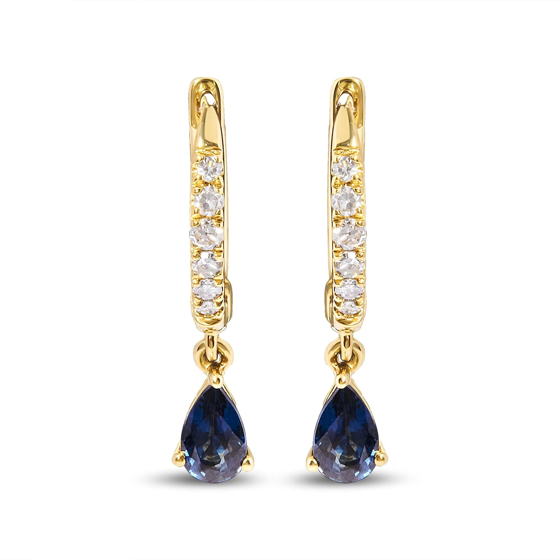 10K Yellow Gold Pear Blue Sapphire and 1/10 Cttw Diamond Drop and Dangle Huggy Hoop Earrings (H-I Color, I1-I2 Clarity)-1