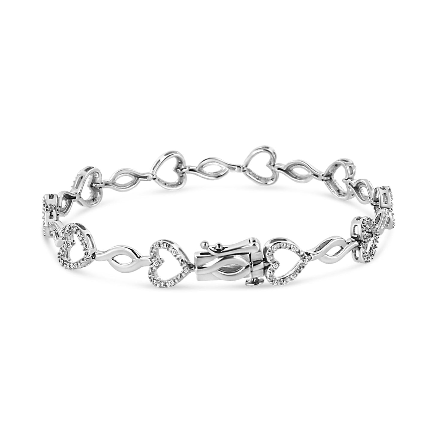 .925 Sterling Silver 1/4 Cttw Round-Cut Diamond Alternating Heart and Leaf Link Bracelet (I-J Color, I3 Clarity) - Size 7.25"-1
