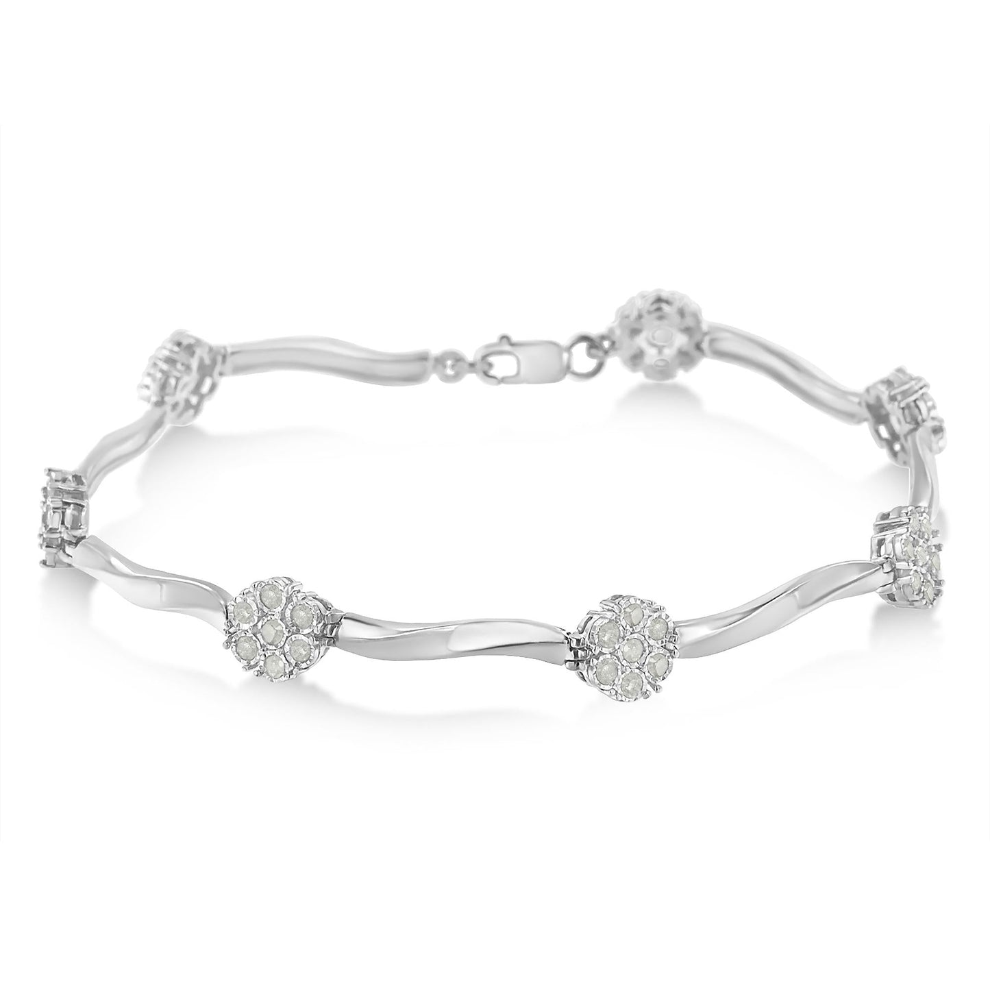 .925 Sterling Silver 1.0 Cttw Diamond Cluster Miracle-Set Station & Twisted Bar 7" Tennis Bracelet (H-I Color, I1-I2 Clarity)-1