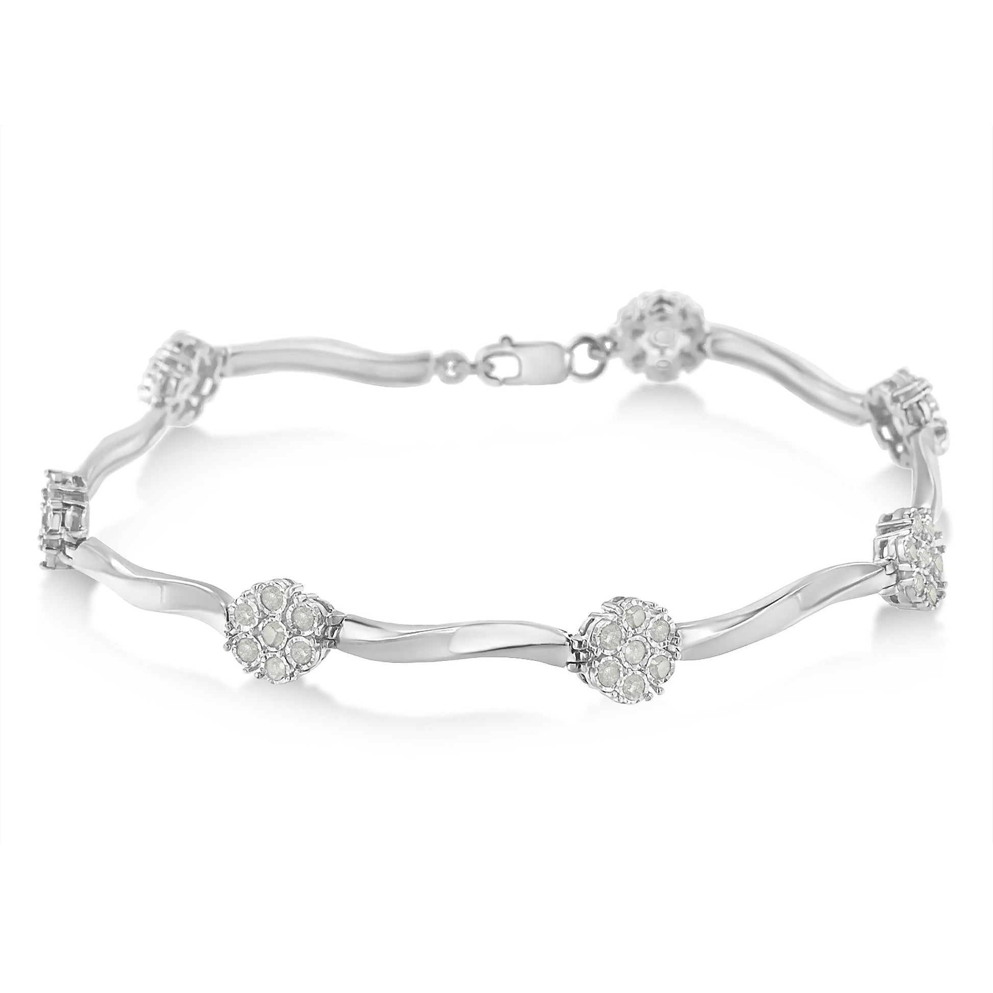 .925 Sterling Silver 1.0 Cttw Diamond Cluster Miracle-Set Station & Twisted Bar 7" Tennis Bracelet (H-I Color, I1-I2 Clarity)-1