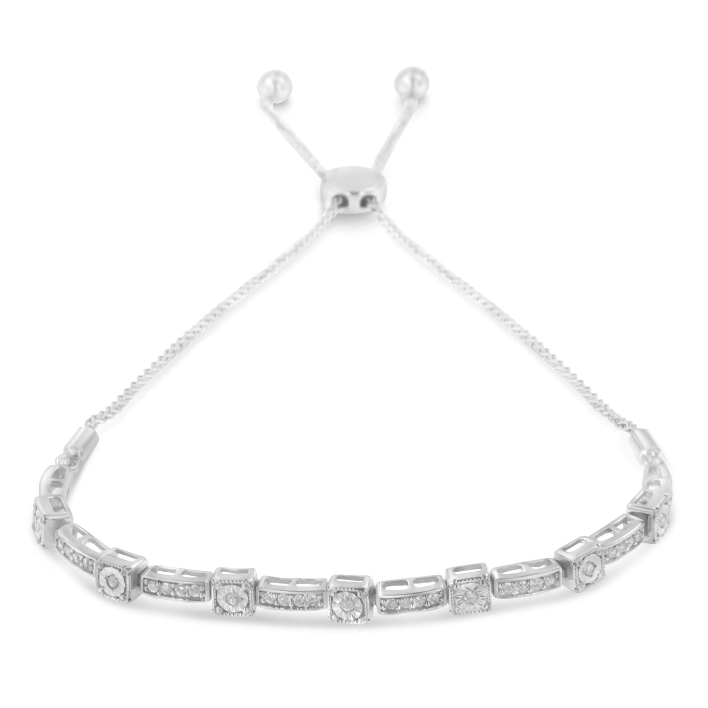 .925 Sterling Silver 1/4 Cttw Diamond 4”-10” Adjustable Bolo Alternating Square and Rectangle Bolo Bracelet (I-J Color, I3 Clarity)-1