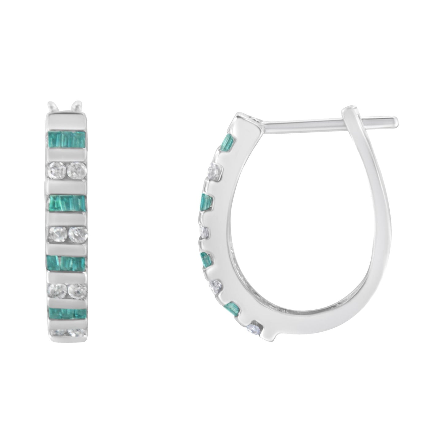 10k White Gold Round and Blue Baguette Diamond Hoop Earrings (0.50 cttw, I-J Color, I2-I3 Clarity)-1