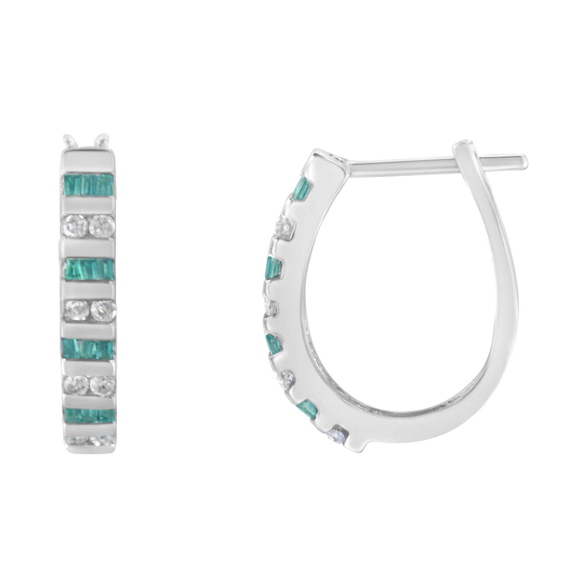 10k White Gold Round and Blue Baguette Diamond Hoop Earrings (0.50 cttw, I-J Color, I2-I3 Clarity)-1