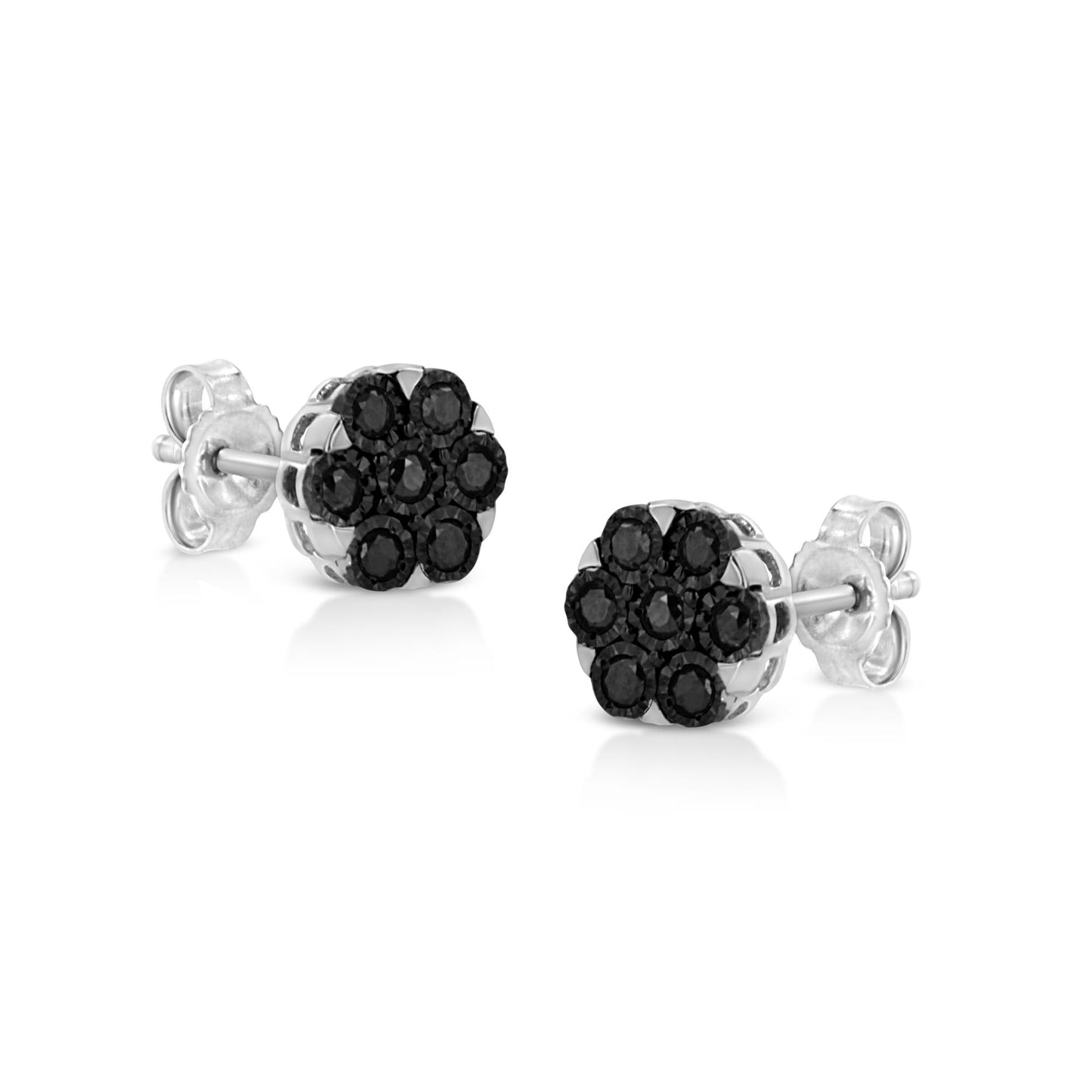 .925 Sterling Silver 1/4 Cttw Color Diamond Cluster Flower Earrings-2