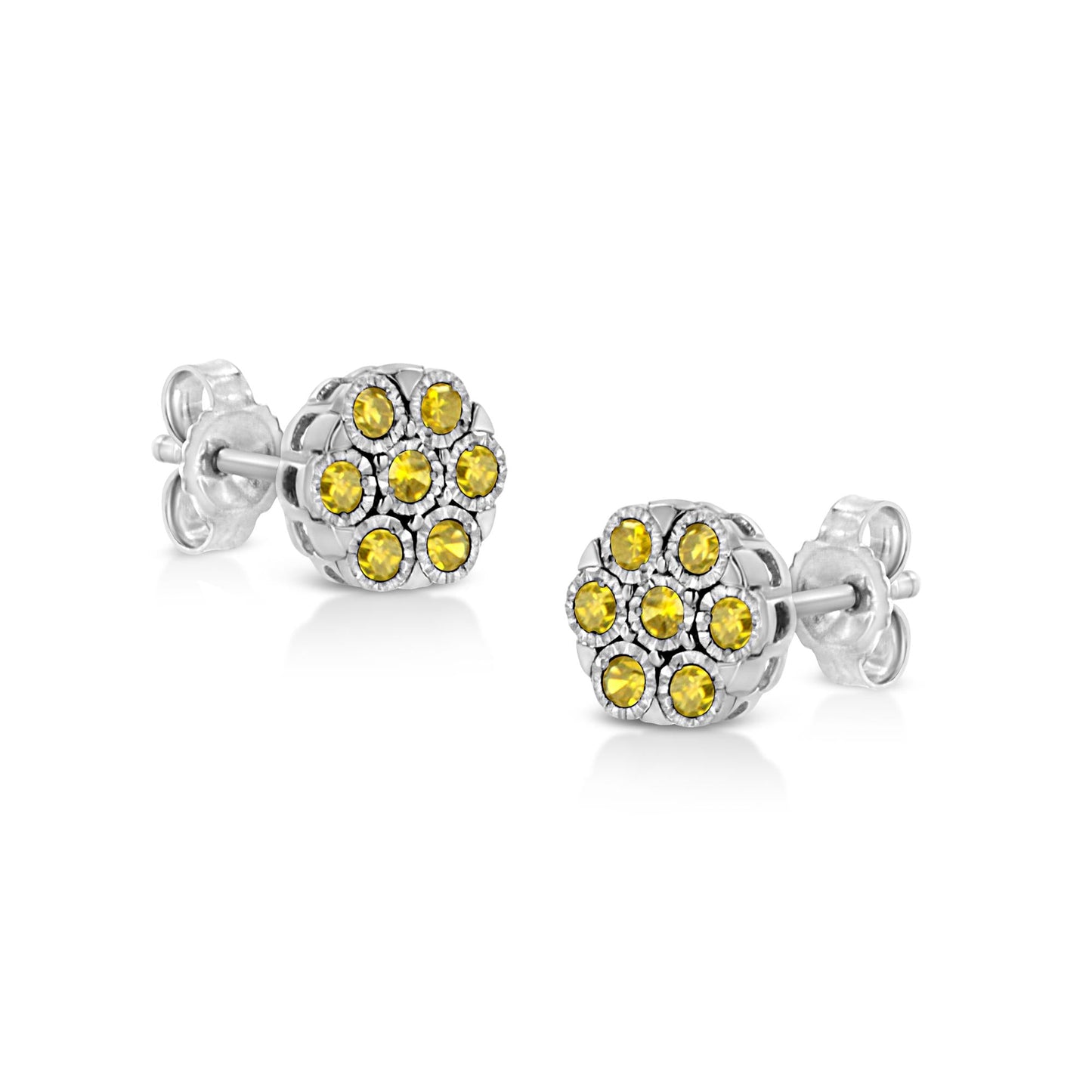 .925 Sterling Silver 1/4 Cttw Color Diamond Cluster Flower Earrings-3