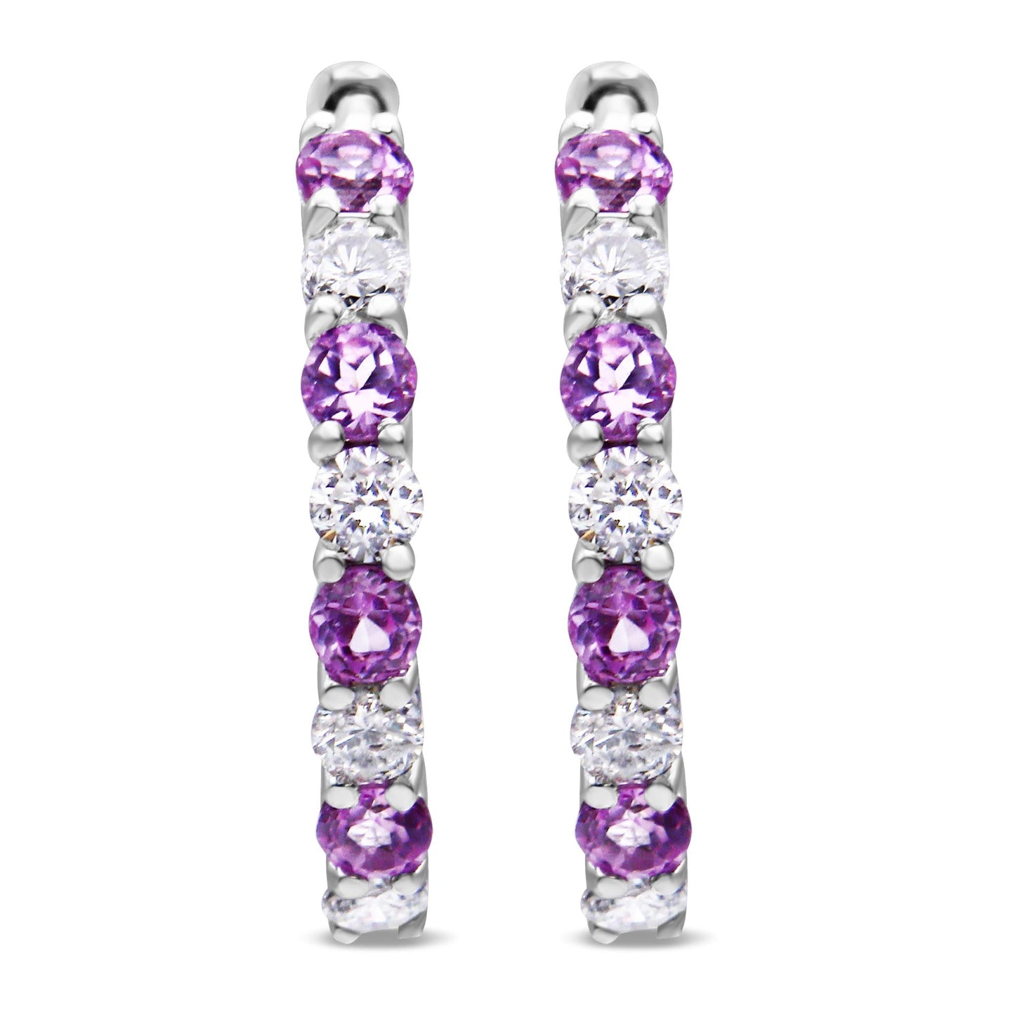10K White Gold 2.5MM Sapphire Gemstone and 1/2 Cttw Diamond Hoop Earrings (H-I Color, I1-I2 Clarity)-3