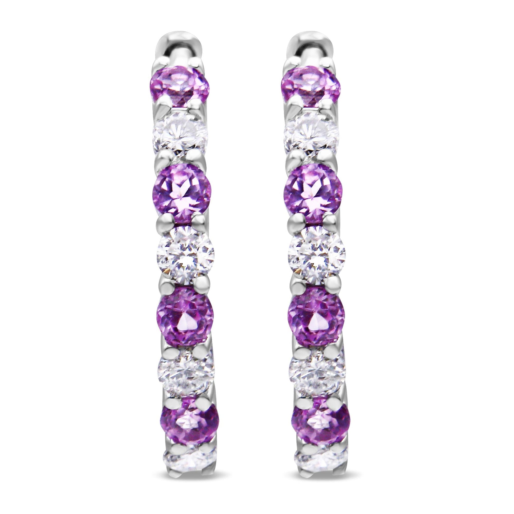 10K White Gold 2.5MM Sapphire Gemstone and 1/2 Cttw Diamond Hoop Earrings (H-I Color, I1-I2 Clarity)-3