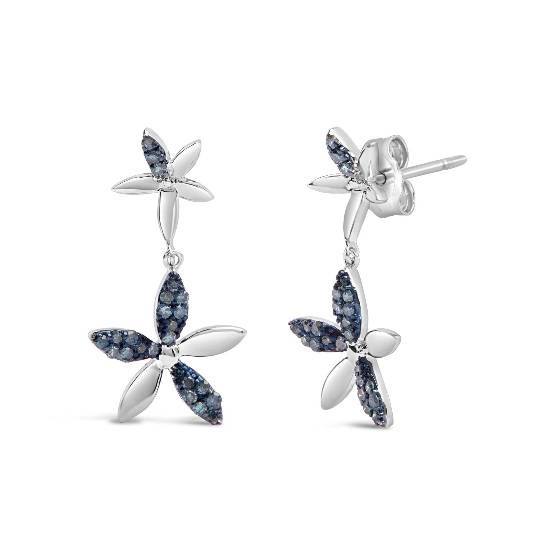 .925 Sterling Silver 1/5ct Cttw Blue Diamond Double Star Drop and Dangle Earrings (Blue Color, SI1-SI2 Clarity)-1