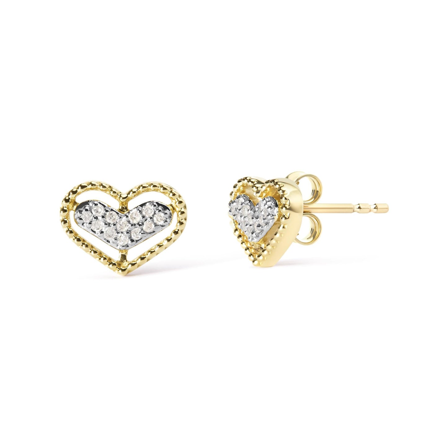 10K Yellow Gold 1/10 Cttw Diamond Heart and Beaded Halo Stud Earrings (I-J Color, I1-I2 Clarity)-1
