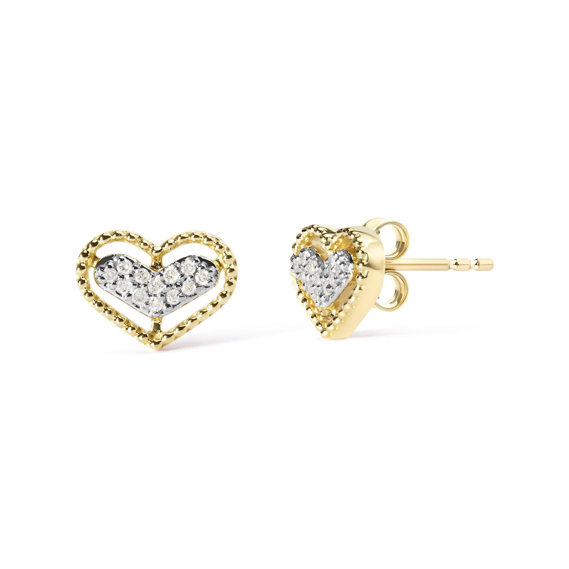 10K Yellow Gold 1/10 Cttw Diamond Heart and Beaded Halo Stud Earrings (I-J Color, I1-I2 Clarity)-1