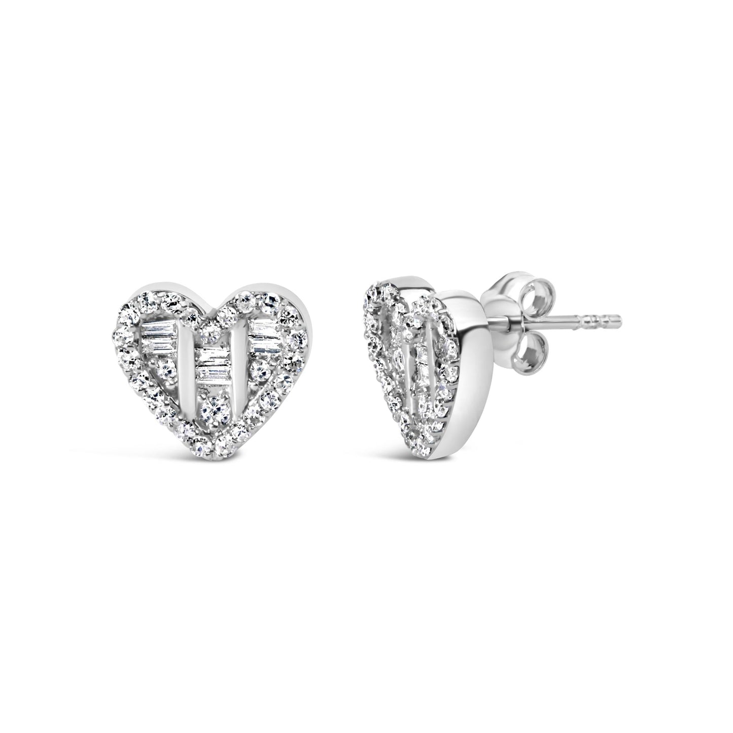 .925 Sterling Silver 1/2 Cttw Round and Baguette Diamond Composite Heart Shaped Stud Earring (I-J Color, SI2-I1 Clarity)-2