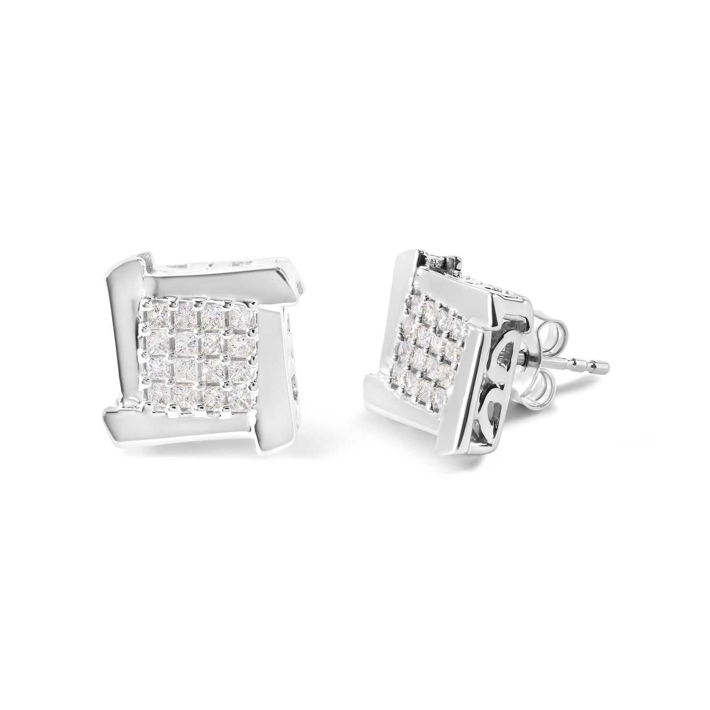 10K White Gold 1/2 Cttw Composite  Princess Diamond Square and Swirl Stud Earrings (I-J Color, I1-I2 Clarity)-1