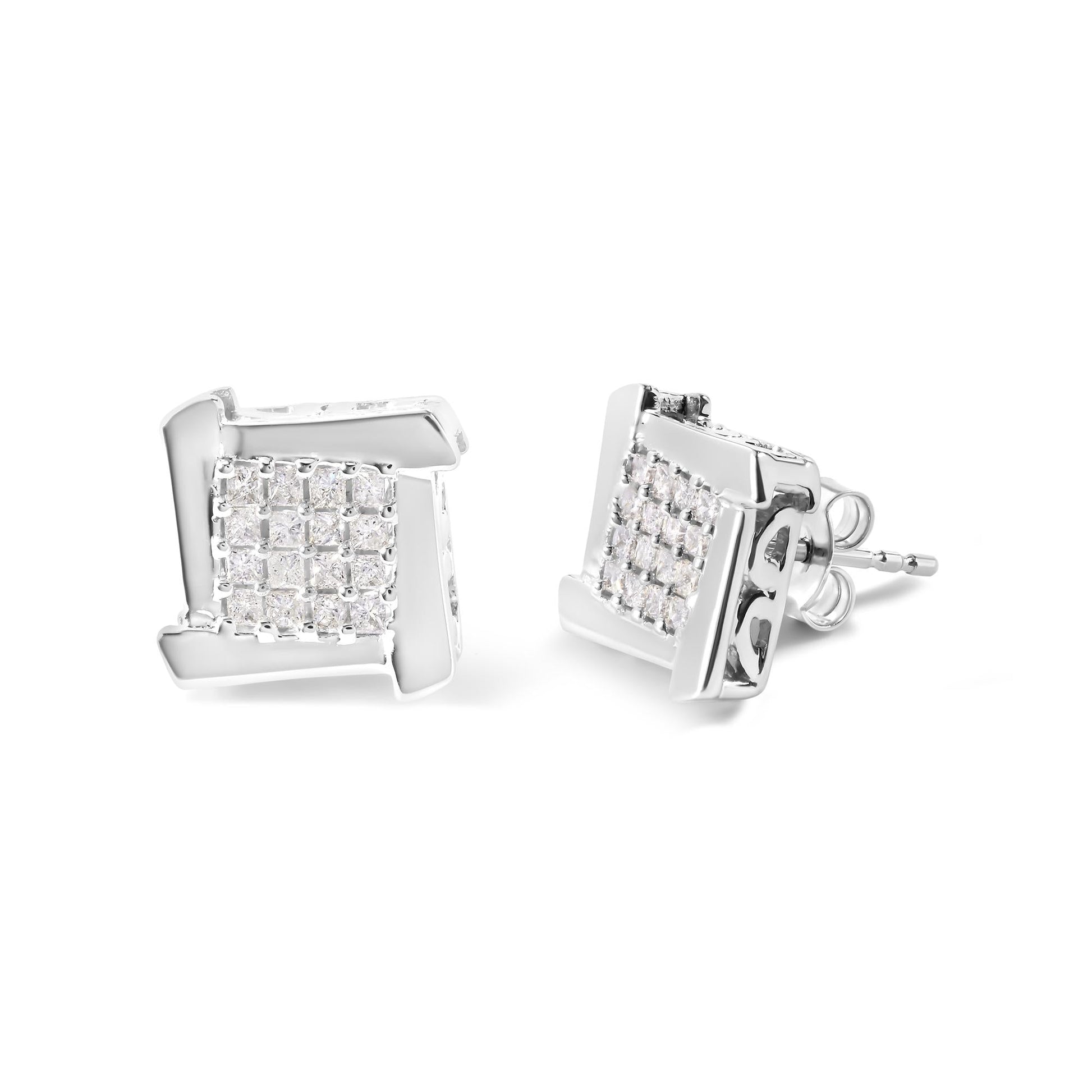 10K White Gold 1/2 Cttw Composite  Princess Diamond Square and Swirl Stud Earrings (I-J Color, I1-I2 Clarity)-1