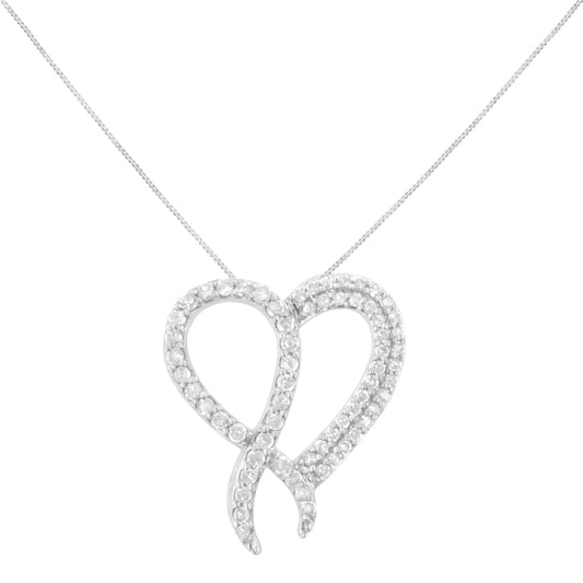 .925 Sterling Silver 1 cttw Diamond Heart and Ribbon 18" Pendant Necklace (I-J Clarity, I2-I3 Color) - 18"-1