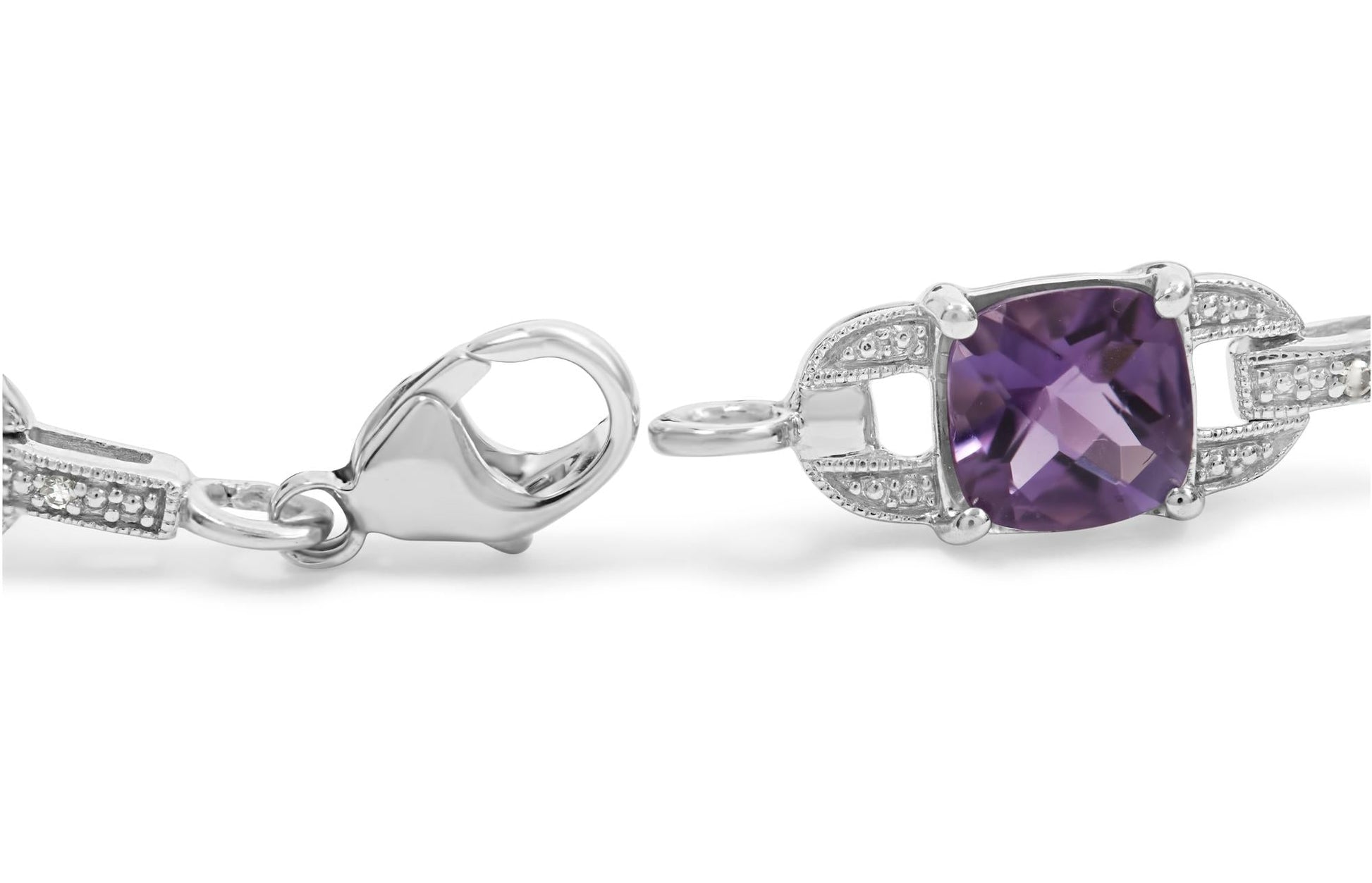 .925 Sterling Silver 7mm Cushion Cut Amethyst Gemstone and Diamond Tennis Link Bracelet (I-J Color, I1-I2 Clarity) - Size 7"-1