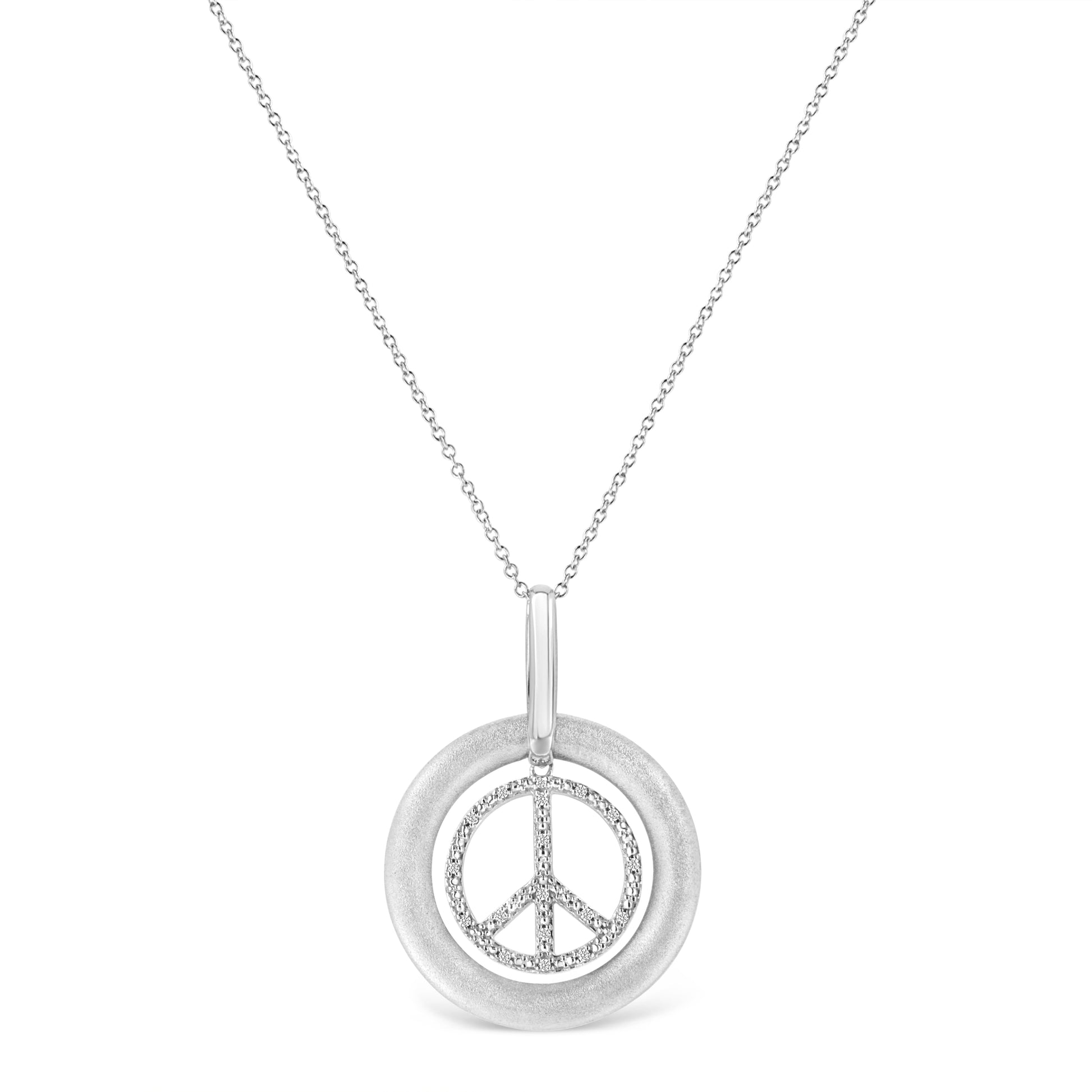 Matte Finish .925 Sterling Silver Diamond Accent Dancing Peace Sign 18" Pendant Necklace (I-J Color, I1-I2 Clarity)-1