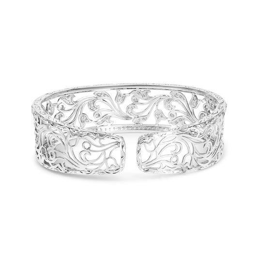 18K White Gold 3 1/4 Cttw Pave Diamond Openwork Floral Filigree Swirl Bangle Cuff Bracelet (H-I Color, VS2-SI1 Clarity)