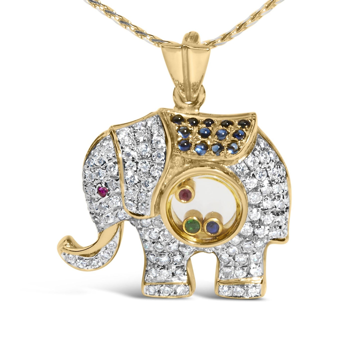18K Yellow Gold 3/4 Cttw Diamond Elephant Shaker Pendant Necklace with Emerald, Ruby, and Sapphire (G-H Color, VS2-SI1 Clarity)-1