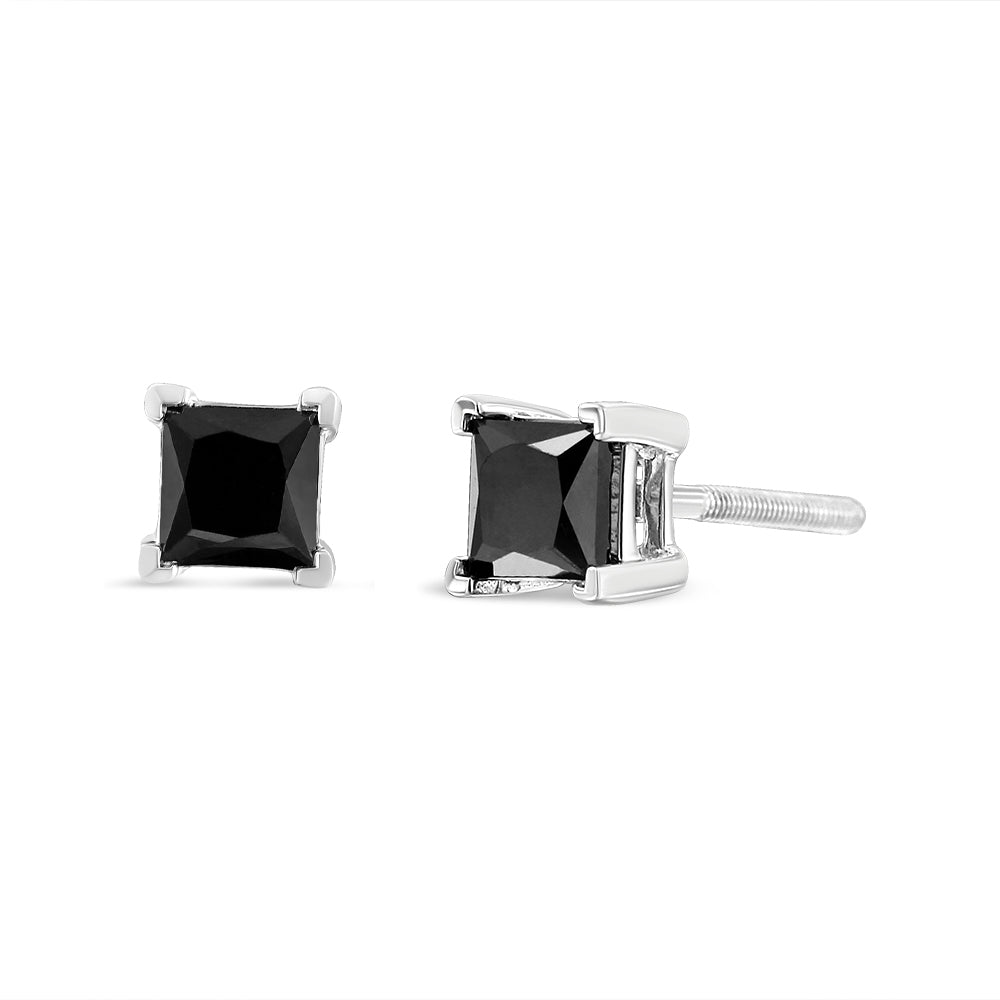 .925 Sterling Silver Princess-Cut Square Black Diamond Classic 4-Prong Stud Earrings with Screw Backs (Fancy Color-Enhanced, I2-I3 Clarity)-4