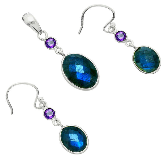  Blue Labradorite & Amethyst Pendant Earrings Set T-1010 24-ET10026-0
