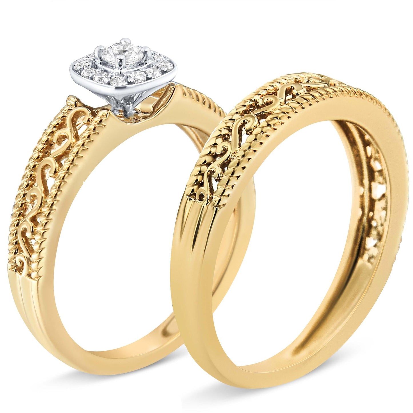 14K Yellow Gold Plated .925 Sterling Silver 1/5 Cttw Diamond Halo and Milgrain Finish Engagement Ring Bridal Set (I-J Color I3 Clarity)-2