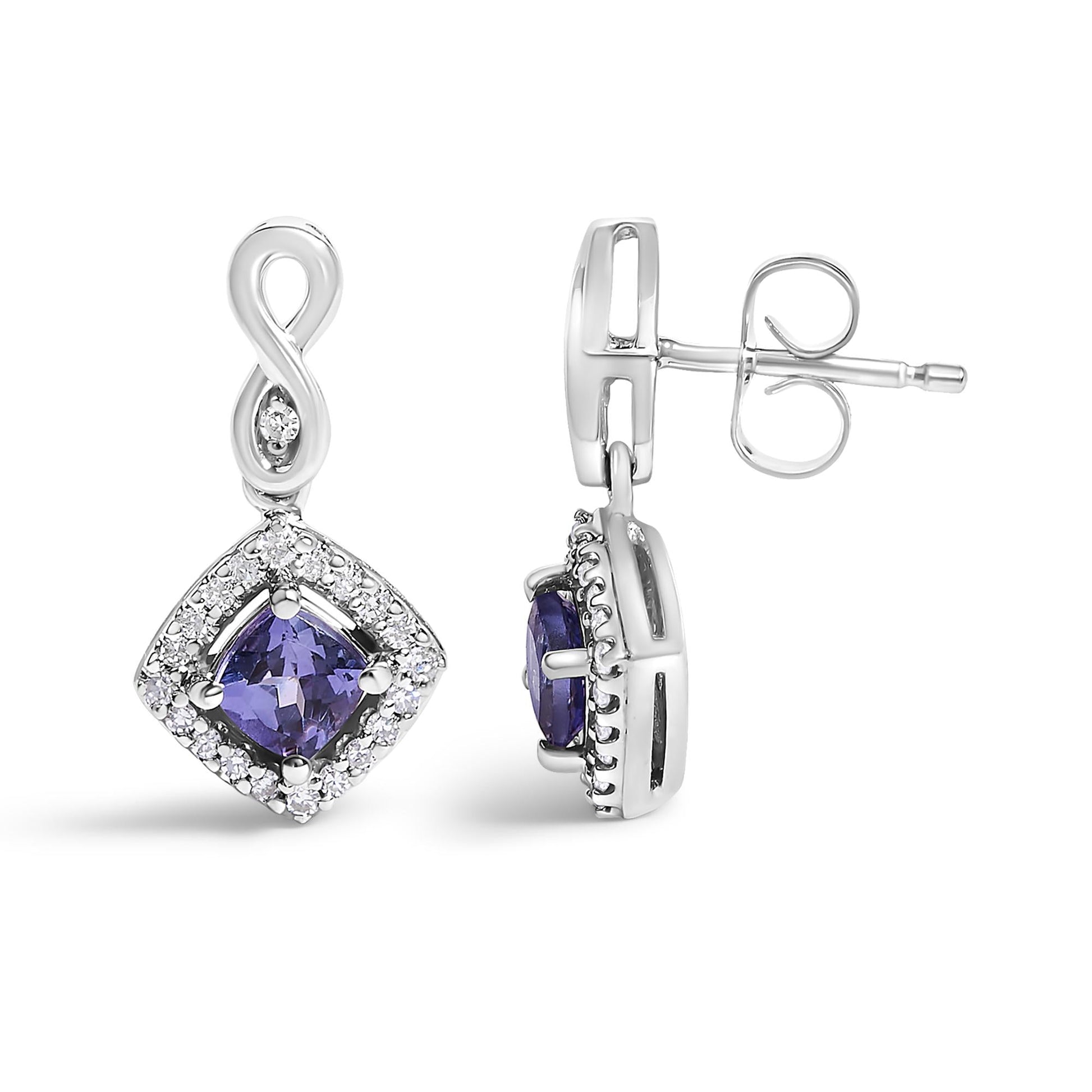 10K White Gold Blue Purple Tanzanite and Diamond Halo Cushion Shaped Drop Earrings (I-J Color, I1-I2 Clarity)-2