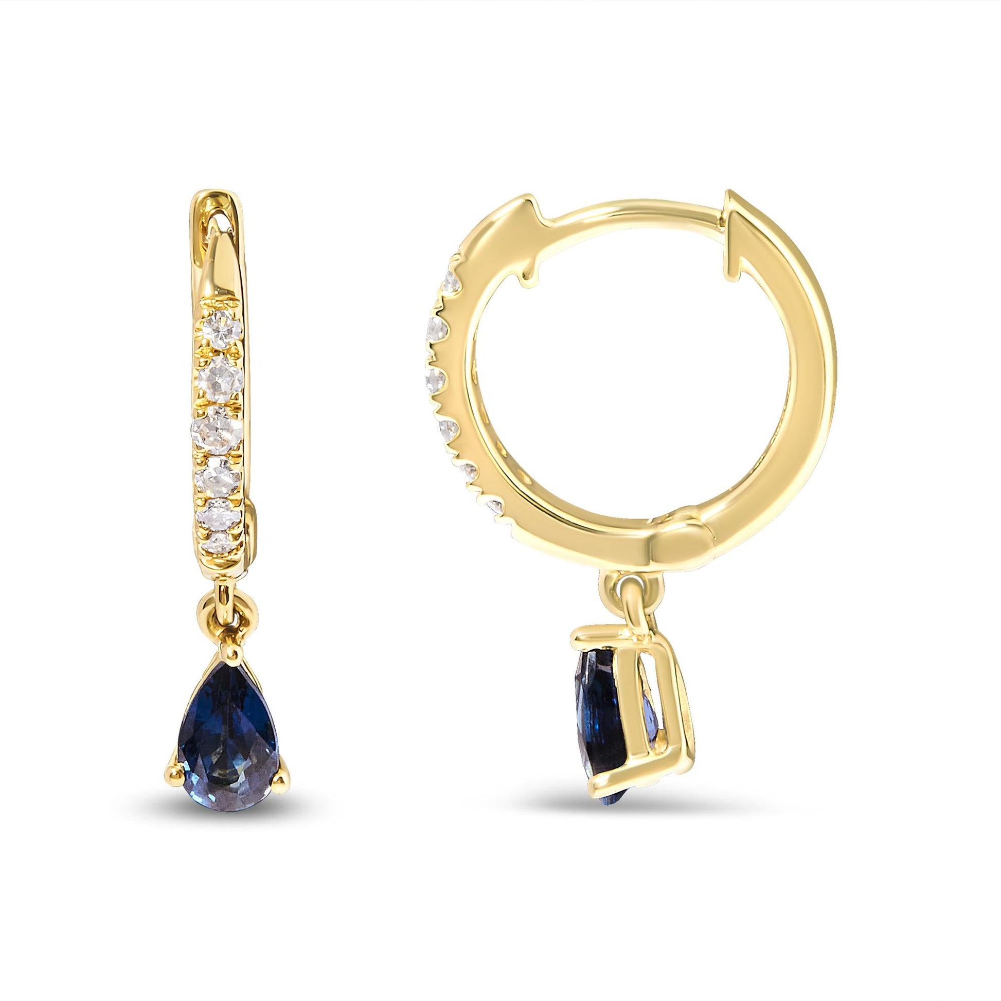 10K Yellow Gold Pear Blue Sapphire and 1/10 Cttw Diamond Drop and Dangle Huggy Hoop Earrings (H-I Color, I1-I2 Clarity)-2