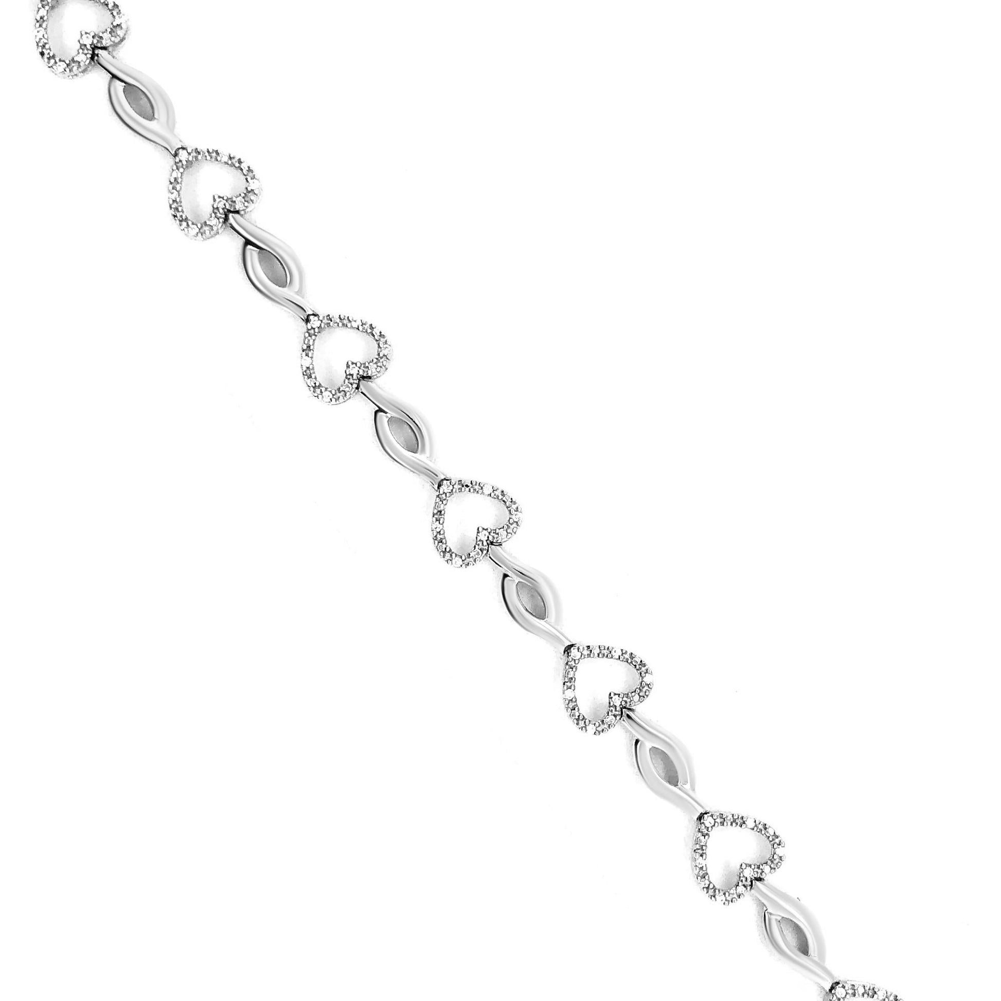 .925 Sterling Silver 1/4 Cttw Round-Cut Diamond Alternating Heart and Leaf Link Bracelet (I-J Color, I3 Clarity) - Size 7.25"-2