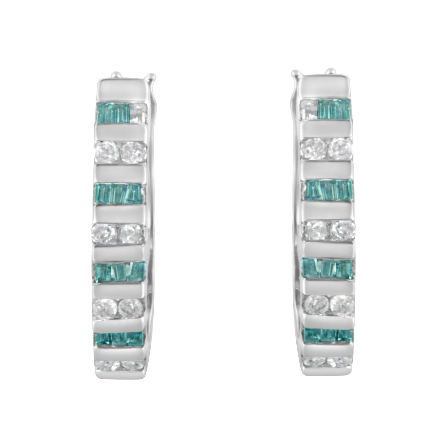 10k White Gold Round and Blue Baguette Diamond Hoop Earrings (0.50 cttw, I-J Color, I2-I3 Clarity)-2