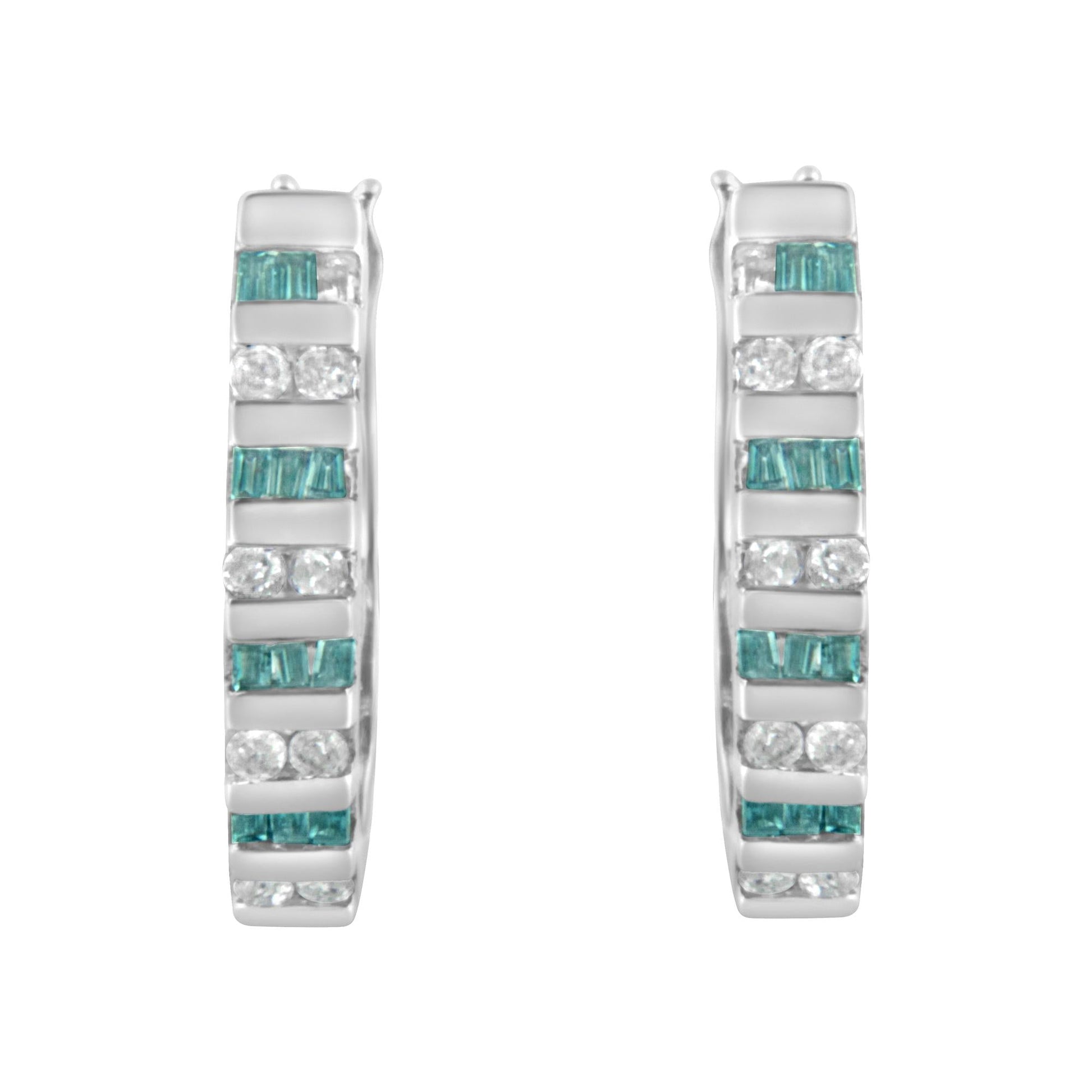 10k White Gold Round and Blue Baguette Diamond Hoop Earrings (0.50 cttw, I-J Color, I2-I3 Clarity)-2