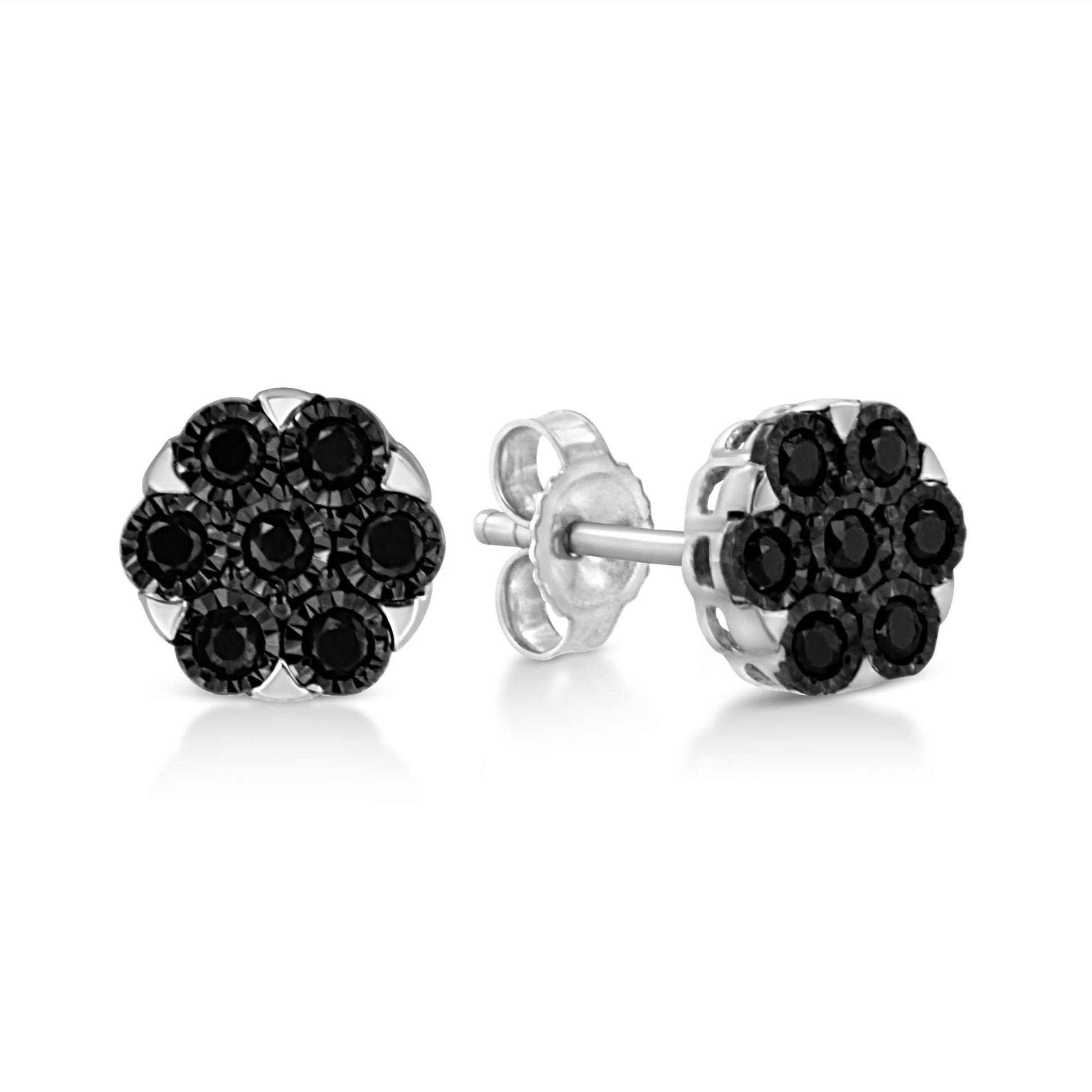 .925 Sterling Silver 1/4 Cttw Color Diamond Cluster Flower Earrings-4