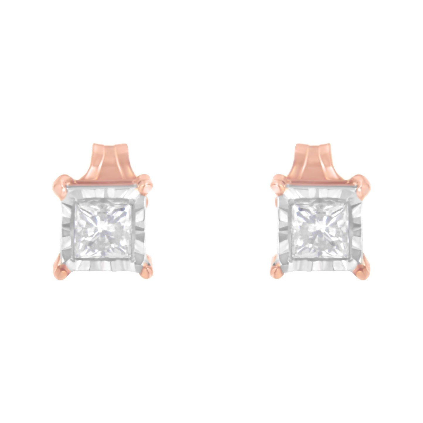 14K Rose Gold Plated Two-Tone .925 Sterling Silver 1/2 Cttw Princess-Cut Square Near Colorless Diamond Solitaire Miracle-Plate Stud Earrings (J-K Color, I2-I3 Clarity)-2